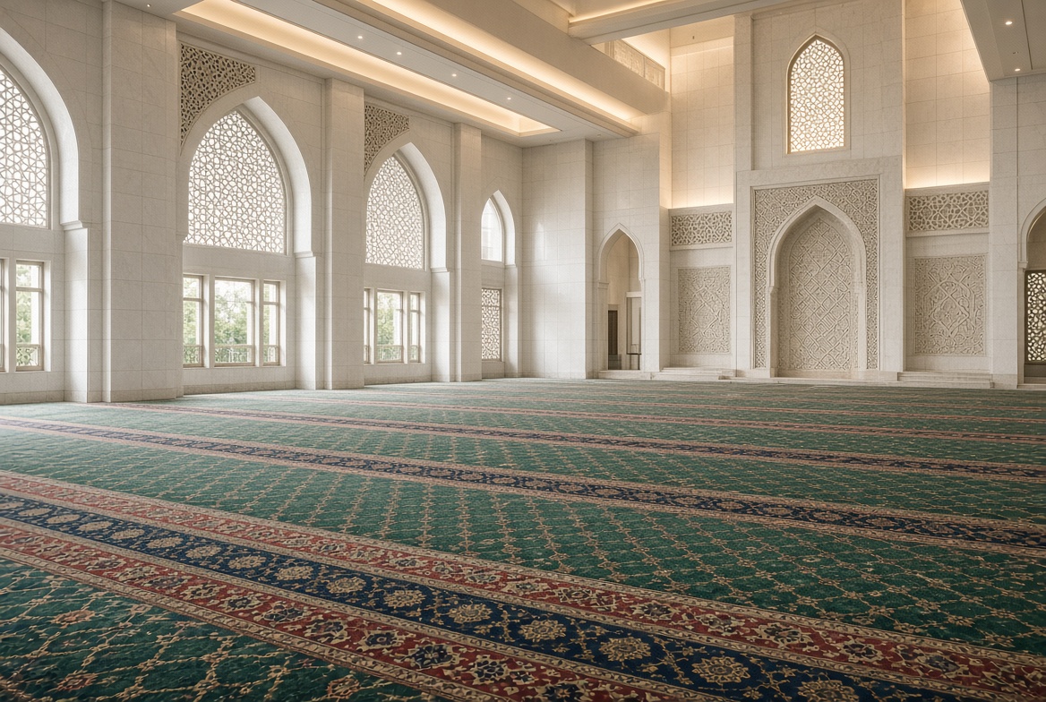 Premium custom mosque carpet with aligned prayer rows